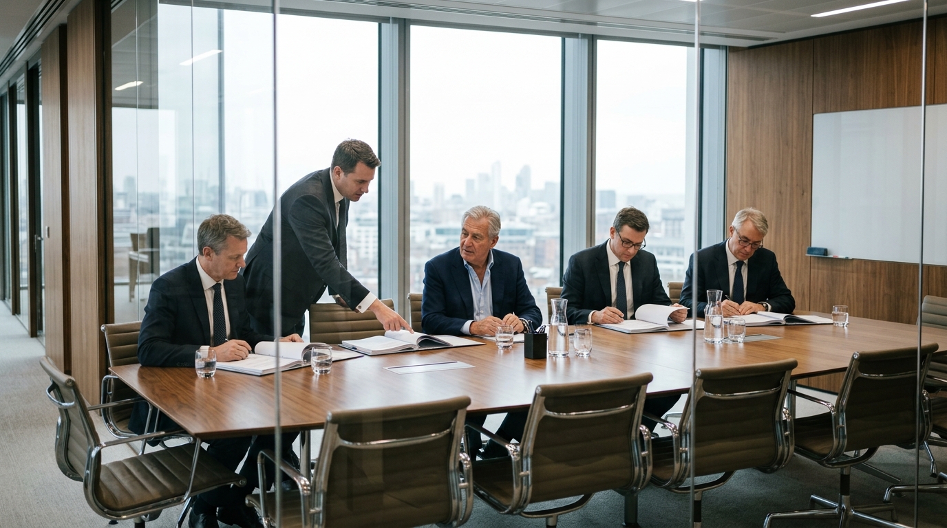 A transaction being worked through at a boardroom table