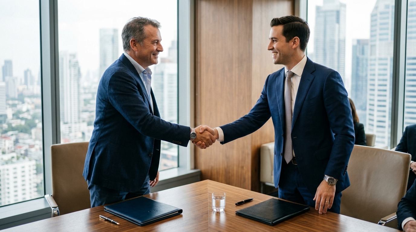 A founder and a buyer shaking hands at the close